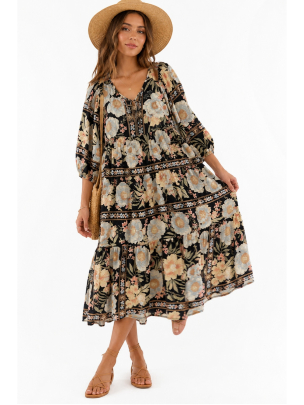 Billabong Lost Cove Midi Dress L Black Floral Cotton Gauze Boho Puff Sleeve
